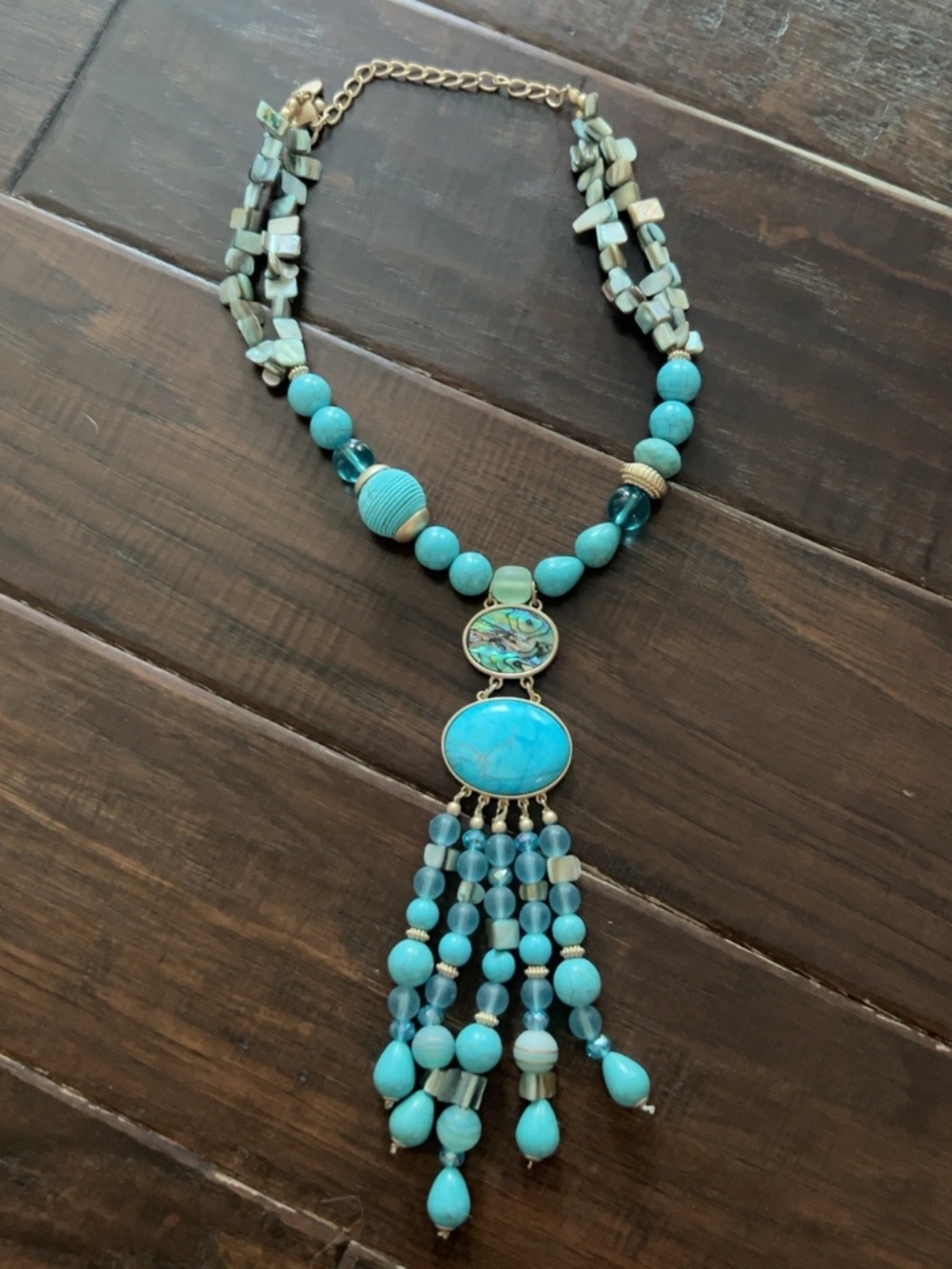 Chico’s Turquoise Multi Strand Beaded Tassel Statement Necklace Shell